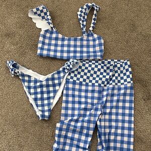 Beach Riot Blue and White Checkered Swim Set/matching workout pants. Never worn